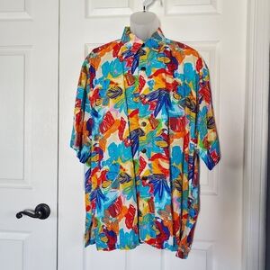 MANGO MOON - Abstract Floral LOUD Colorful Hawaiian Aloha Shirt Short Sleeves XL